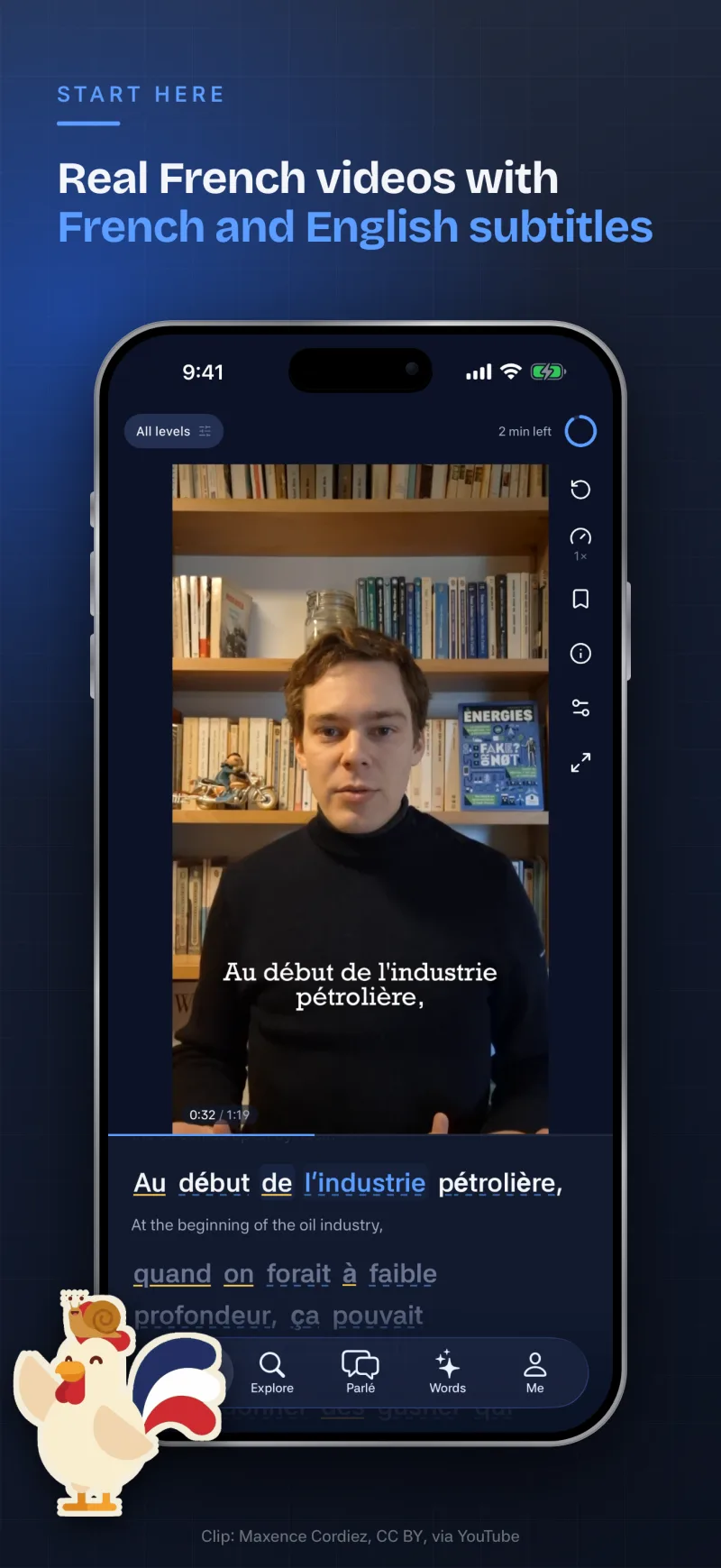 The Papote feed playing a French short with word-synced French and English captions