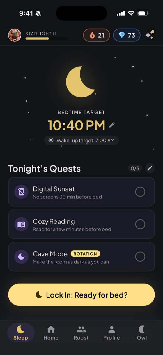 Bedtime target and tonight's gentle sleep rituals